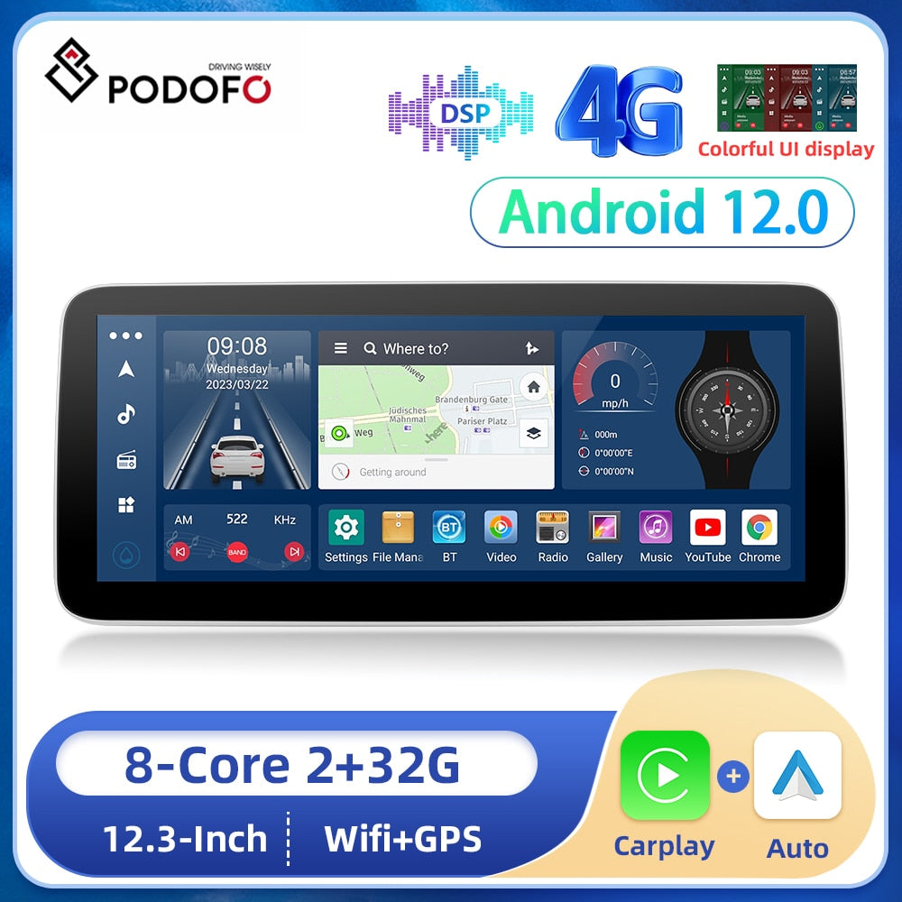 Podofo 12.3inch 8Core Android 12 2+32G Car Radio Stereo Android all-in-one Wireless Carplay Android Auto 4G WIFI GPS Navigation