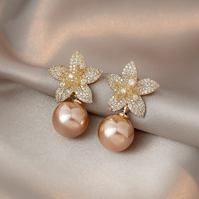 Rose Gold Pearl Flower Dangle Earrings for Women Silver Needle Full Rhinestone Korean Fashion Jewelry 2023 Accessories