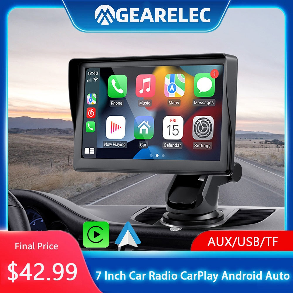 GEARELEC 7 Inch Car Radio Portable Wireless Apple CarPlay Android Auto Stereo Multimedia Touch Screen Bluetooth Navigation