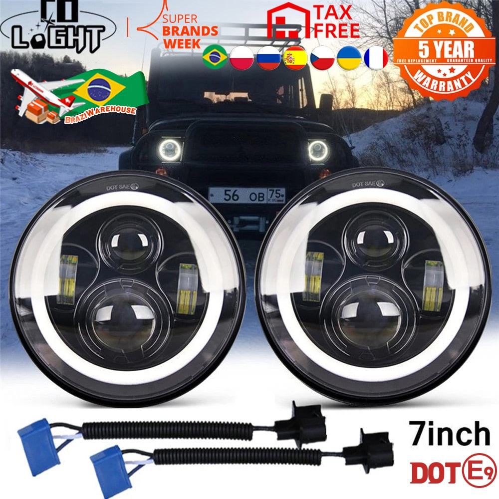 CO LIGHT 7 Inch LED Headlights DRL Hi/Lo Beam 50W 30W Halo Ring Amber Angel Eye For Niva Motorcycle Lada Offroad 4x4 UAZ 12V 24V