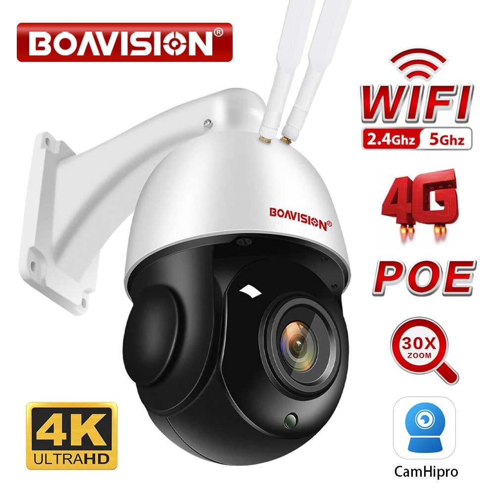 Outdoor IP Camera 8MP 5MP 4G Sim Card WIFI POE AI Auto Tracking 30X Zoom PTZ Speed Dome Two Way Audio IR 80m Surveillance Camera