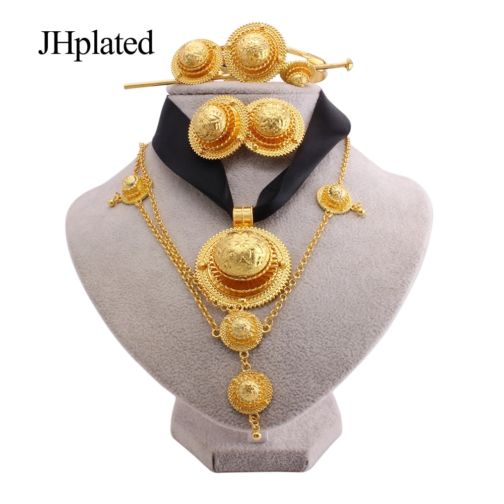 Luxury Gold plated bridal Jewelry sets for women Ethiopian Red rope pendant Hairpin necklace earrings bracelet ring wedding gift