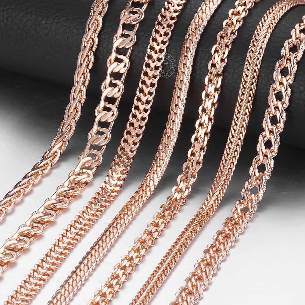 Davieslee Chain Necklace for Women Men 585 Rose Gold Color Necklace for Women Men Foxtail Hammered Bismark Chain 3-8mm DCNN1