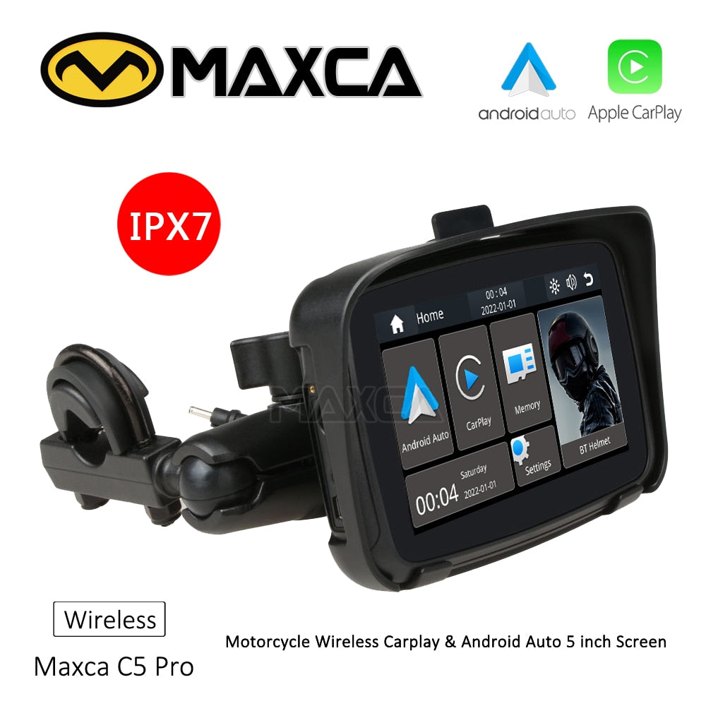 MAXCA XPLAY C5 pro Waterproof Wireless Android Auto Motorcycle Apple Carplay Screen Motorbike GPS Navigation Multimedia Player