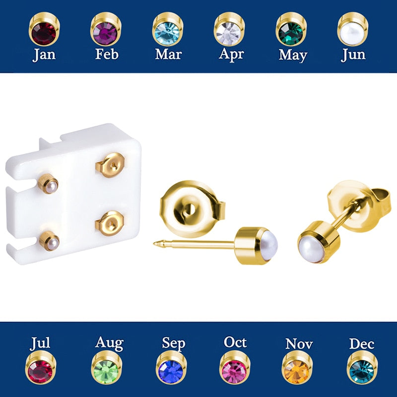 One pair of Birthstone stud earrings made of surgical steel for ear piercing gun.