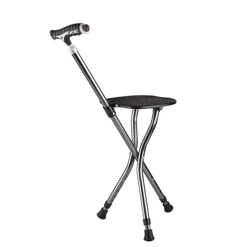 1PC Lightweight Folding Walking Stick With Seat Tripod Stool Portable Walking Cane Chair For Old People