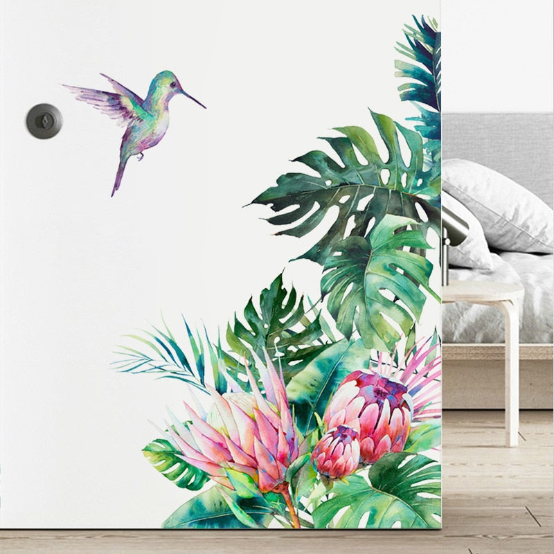 Removable Tropical Leaves Flowers Bird Wall Stickers Bedroom Living Room Decoration Mural Decals Plants Wall Paper Home Decor