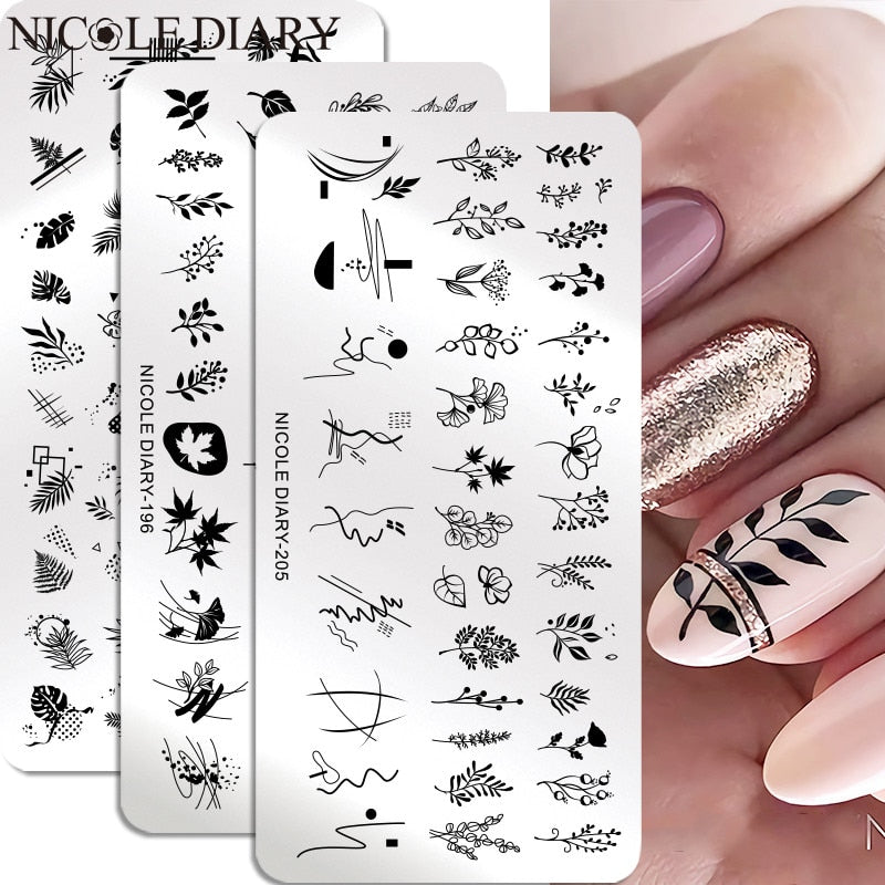 NICOLE DIARY Leaves Flower Stripe Design Stamping Plates Abstract Lady Face Nail Stamp Templates Leaf Floral Printing Stencil