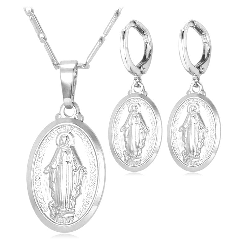 U7 Platinum Rose Gold 18K Color Virgin Mary Miraculous Medal Oval Coin Necklace Earring 2pcs/set Jewelry Set for Women