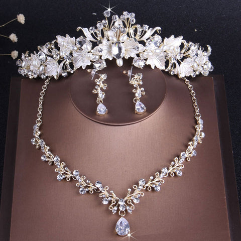 Baroque Vintage Gold Color Crystal Pearl Costume Jewelry Sets Rhinestone Choker Necklace Earring Tiara Crown Wedding Jewelry Set