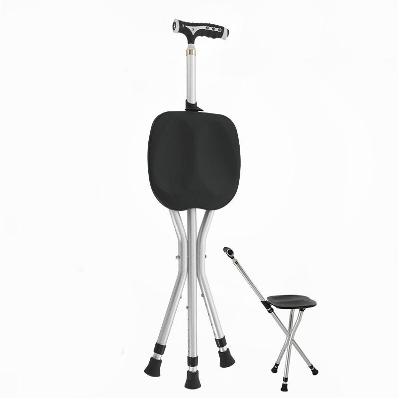 2in1 Folding Walking Stick Tripod Stool Adjustable Height Anti-Slip Elderly Walking Cane Crutch Chair Rest Stool with LED Light