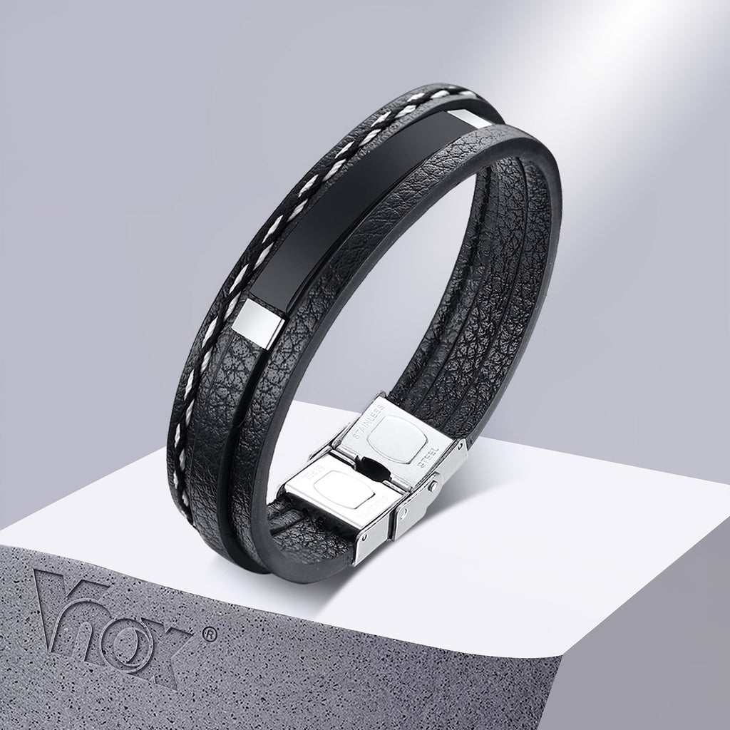 Vnox Customize Name Quotes Leather Bracelets for Men Glossy Stainless Steel Layered Braided Bangle Personalized DAD Husband Gift