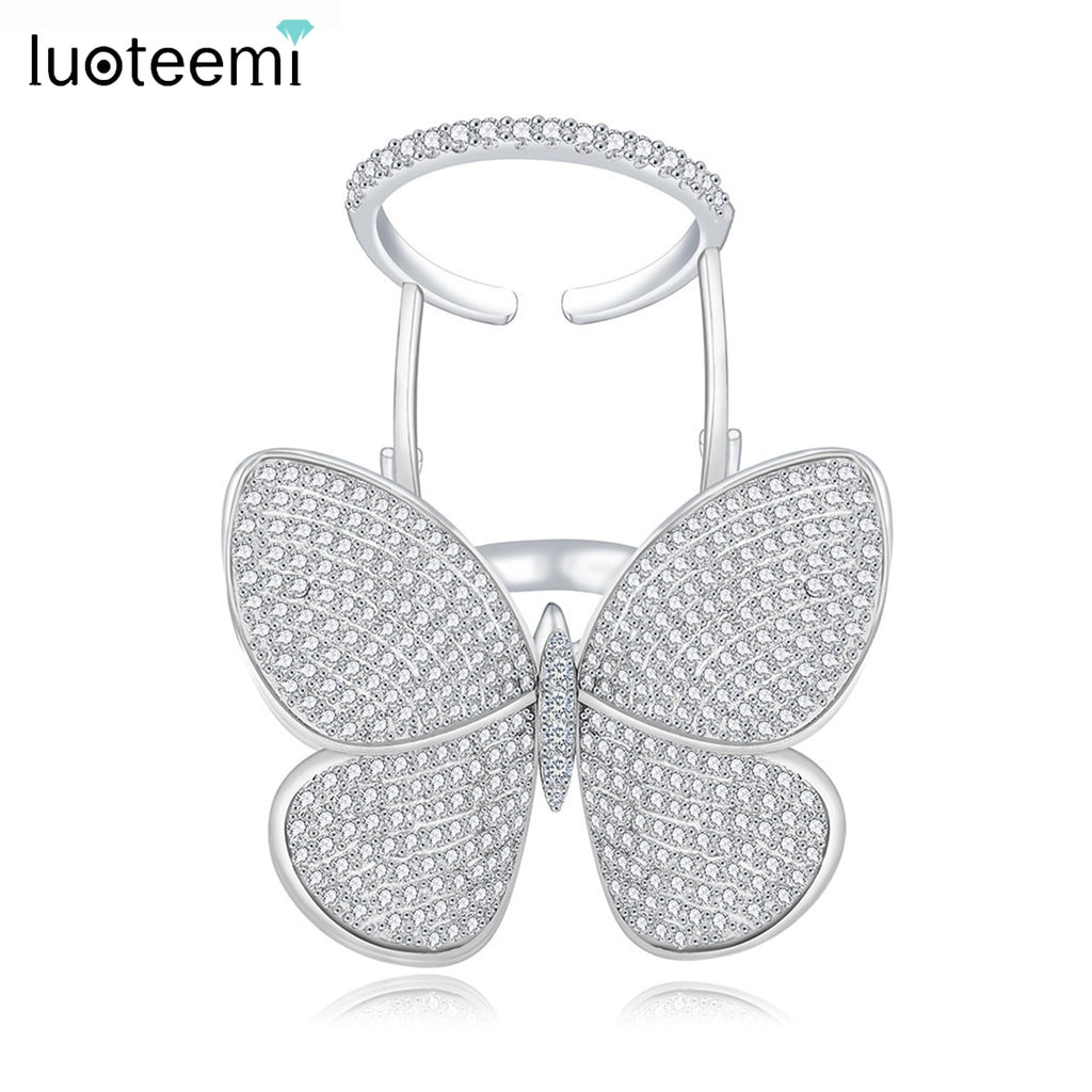 LUOTEEMI High Quality Korean Fashion Adjustable Butterfly Rings for Teens Micro Paved Shining CZ Movable Jewelry for Party