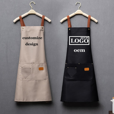 Customized personality logo signature men&#39;s and women&#39;s kitchen aprons home chef baking clothes with pockets adult bib waist bag