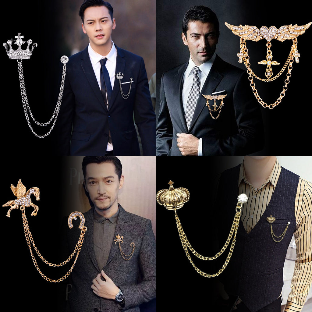 Korean British Style Crown Bird Brooch Cross Suit Tassel Chain Lapel Pin Angle Wings Badge Retro Female Corsage Men Accessories