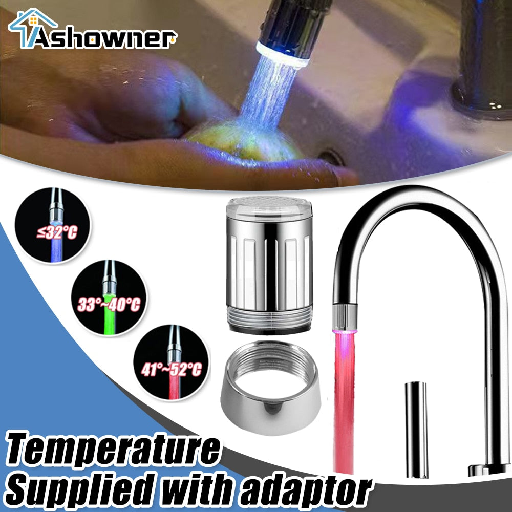 LED Water Faucet Stream Light Kitchen Bathroom Shower Tap Faucet Nozzle Head 7 Color Change Temperature Sensor Light Faucet Led