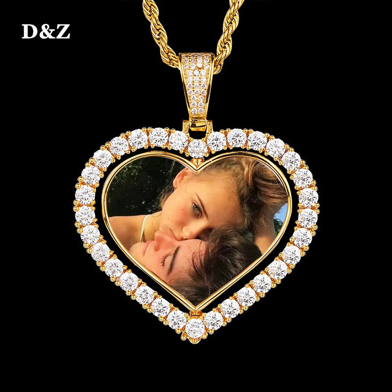 D&amp;Z Custom Made Photo Rotating Heart Shape Double-sided Pendant Necklace 4mm Tennis Chain Zircon Men&#39;s Hip hop Jewelry