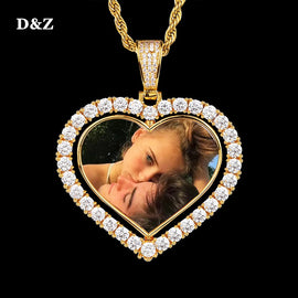 D&amp;Z Custom Made Photo Rotating Heart Shape Double-sided Pendant Necklace 4mm Tennis Chain Zircon Men&#39;s Hip hop Jewelry