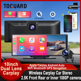 TOGUARD 10inch Dual Lens Wireless Carplay Screen Player Android Auto Car Stereo DVR Recorder Dashboard WiFi GPS Rearview Camera