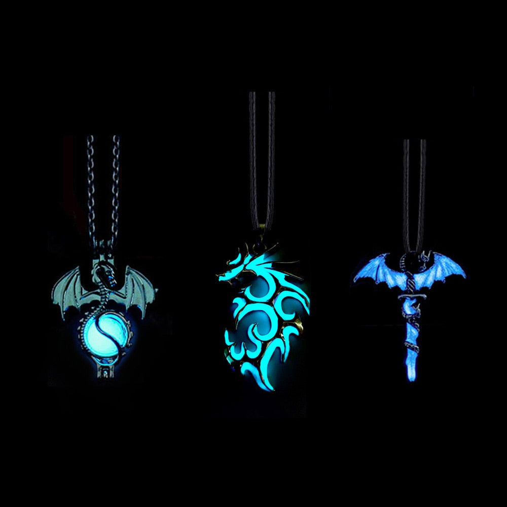 Glow-in-the-Dark Necklace for Men or Women with Luminous Dragon Necklace Glowing Night Fluorescence Antique Silver-Plated Halloween.