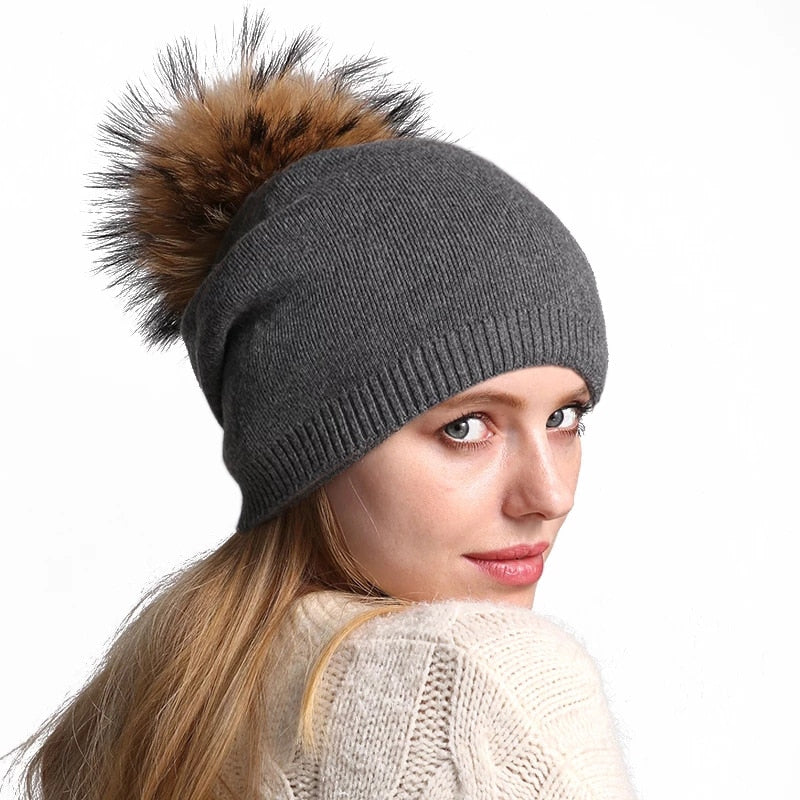 Autumn Winter Pompom Beanie Hat Women Wool Knitted Skullies Beanies Casual Female Cashmere Cap Real Raccoon Fur Pompom Hat