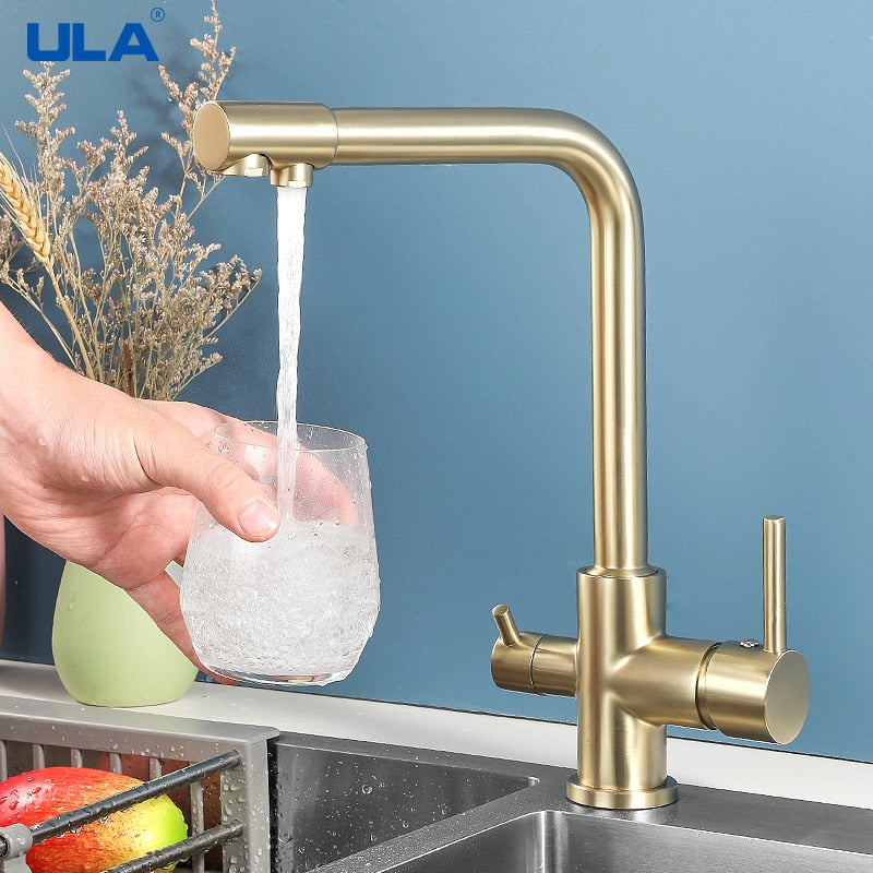 ULA Filtered Kitchen Faucet Brass Purifier Faucet Dual Sprayer Drinking Water Mixer Tap Nozzle Sink Mixer Kitchen Gold Tap