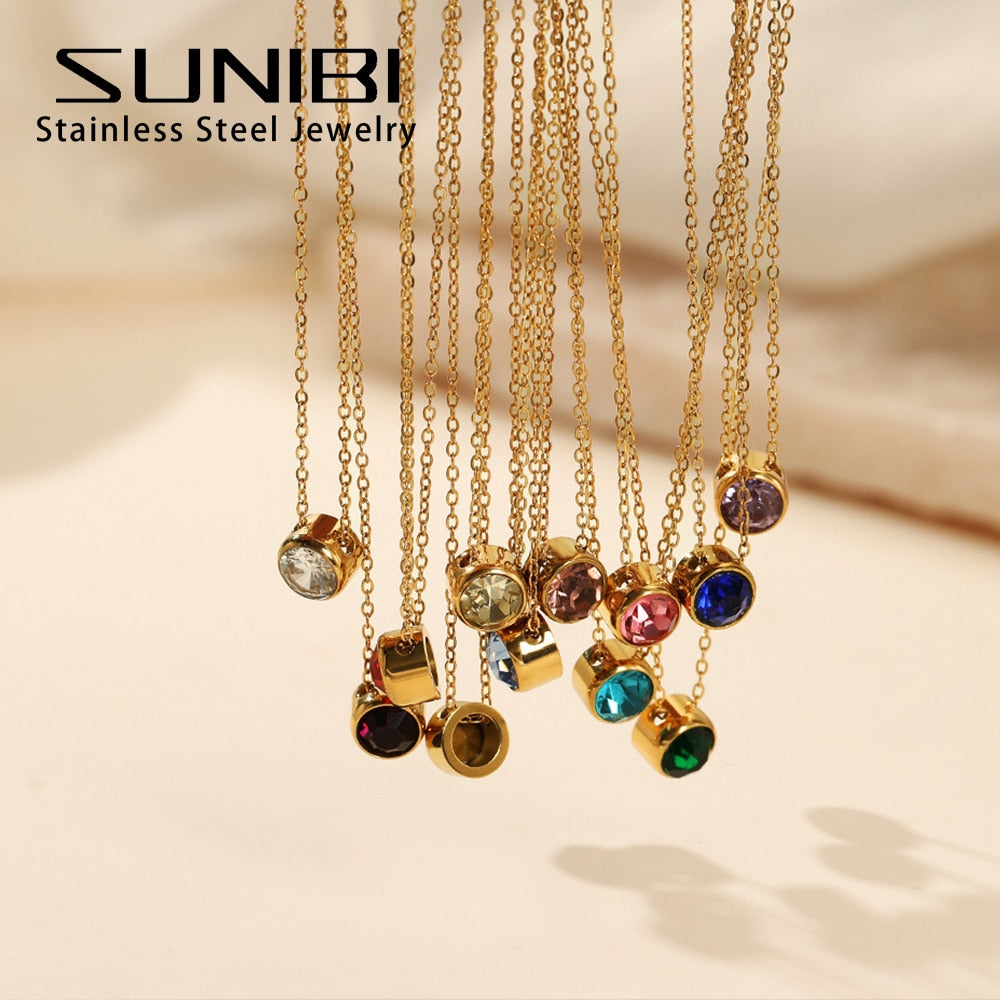 SUNIBI Stainless Steel Birthstone Necklace for Woman Gold Color Bride Designer Pendant Necklaces Birthday Gift Fashion Jewelry