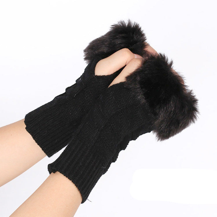Knitted Gloves Fur Mid Length Half Finger Computer Gloves