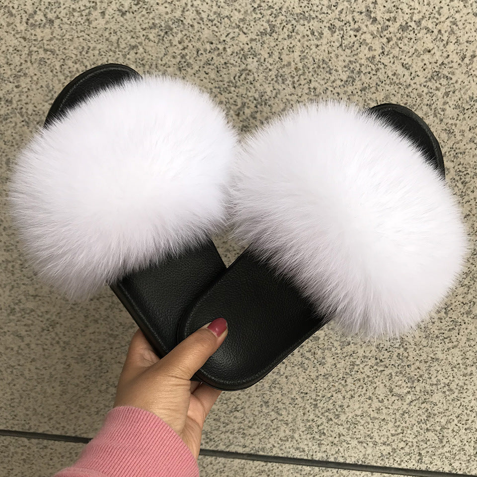 Fox Fur Slippers, Flat-bottomed One-word Fur, Korean Style Fur, Home Slippers