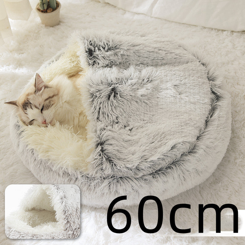 Pet Bed Round Plush Warm Bed House Soft Long Plush Bed  2 In 1 Bed