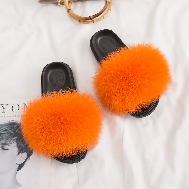 Fox Fur Slippers, Flat-bottomed One-word Fur, Korean Style Fur, Home Slippers