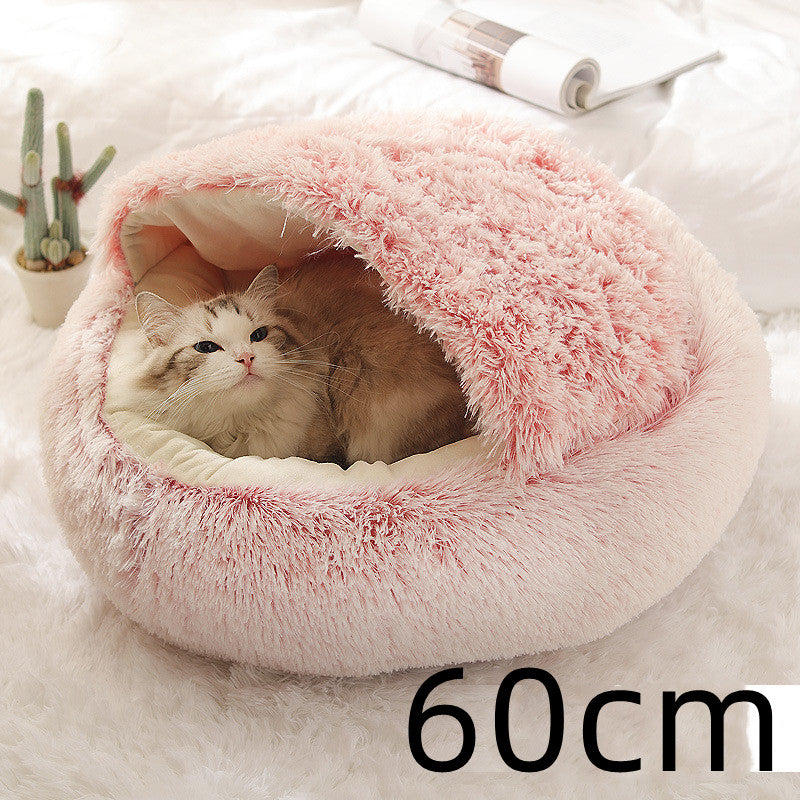 Pet Bed Round Plush Warm Bed House Soft Long Plush Bed  2 In 1 Bed