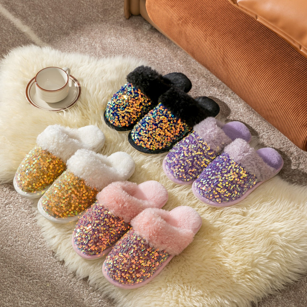 Women's Cotton Slippers Glitter Plush Slippers Indoor Thermal Women Slippers