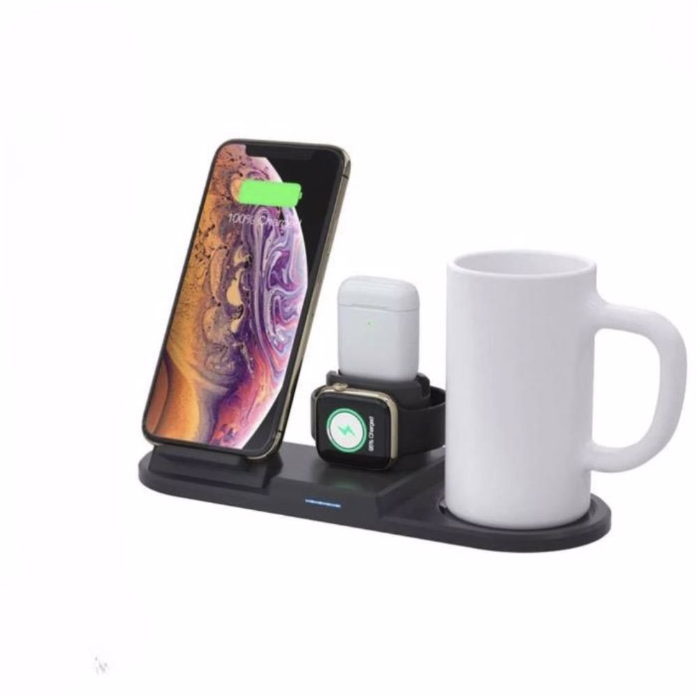 4 in 1 Fast Charging Station. charge 4 devices at the same time, the maximum 15W of the phone charger. It can charge your iPhone, Apple Watch and AirPods while keeping your coffee warm.